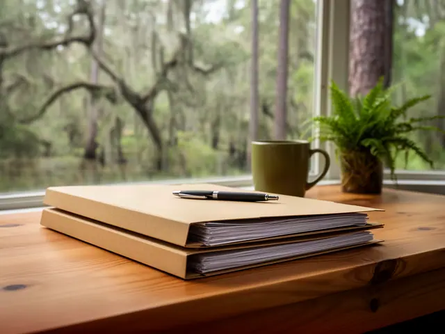A neat stack of closed manila folders and a pen on a desk by a window.