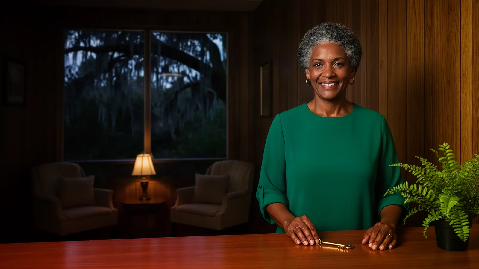 A smiling motel owner in an emerald blouse at a wooden front desk with a brass key in a lamp-lit lobby.